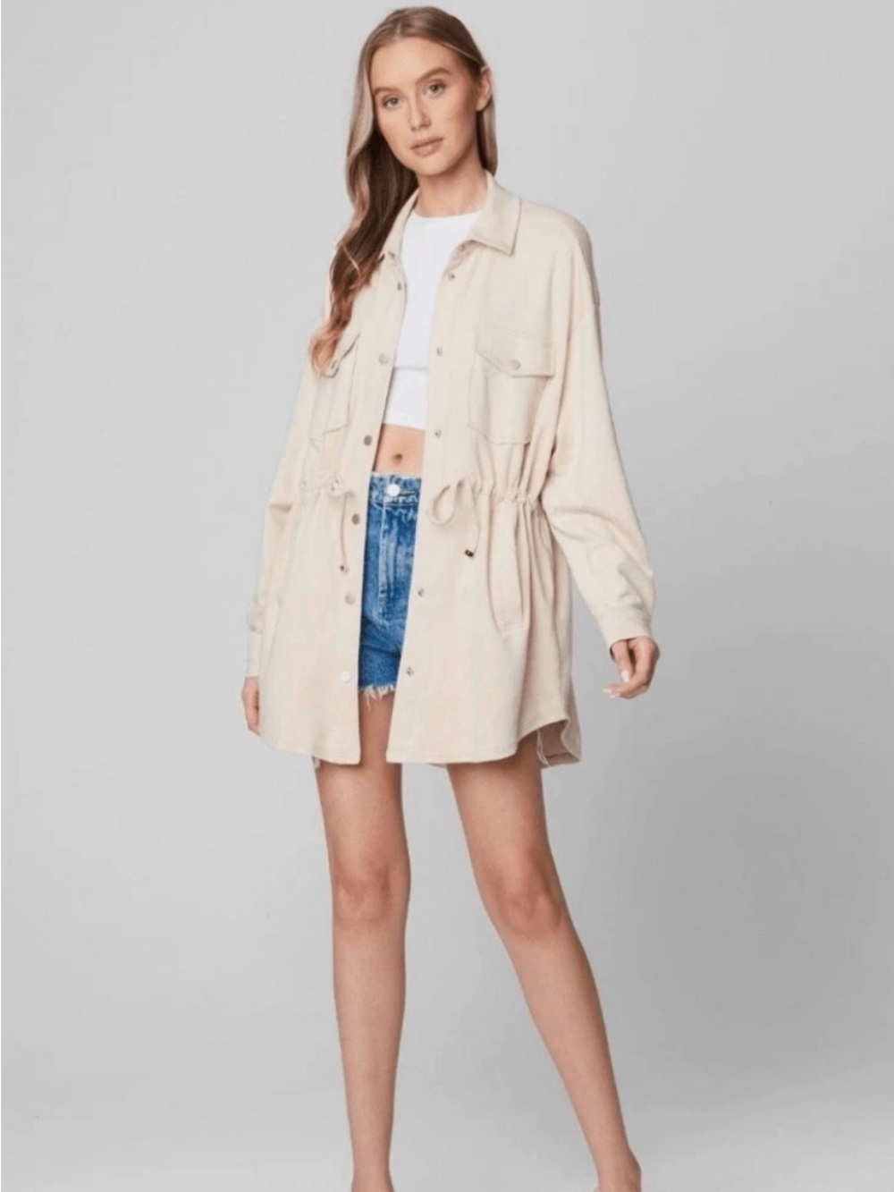 Blank NYC Faux Suede Beige Drawstring Utility Shacket - Women's Jacket & Coat